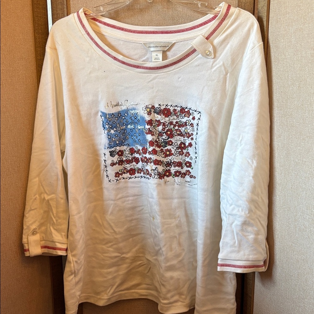Christopher & Banks White Long sleeve Tee with Flag Design xl